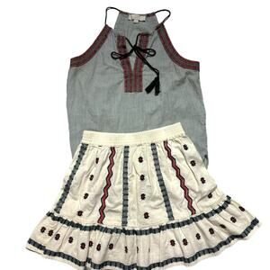 Loft Women’s XSmall Embroidered Linen Blend Boho Ruffle Elastic Waist Mini Skirt